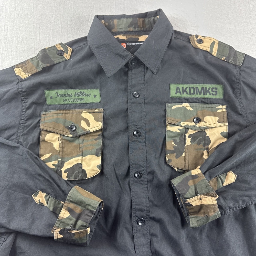 Akademiks Shirt Men XL Black Camo Long Sleeve Button Up Y2K Army Hip Hop Vintage